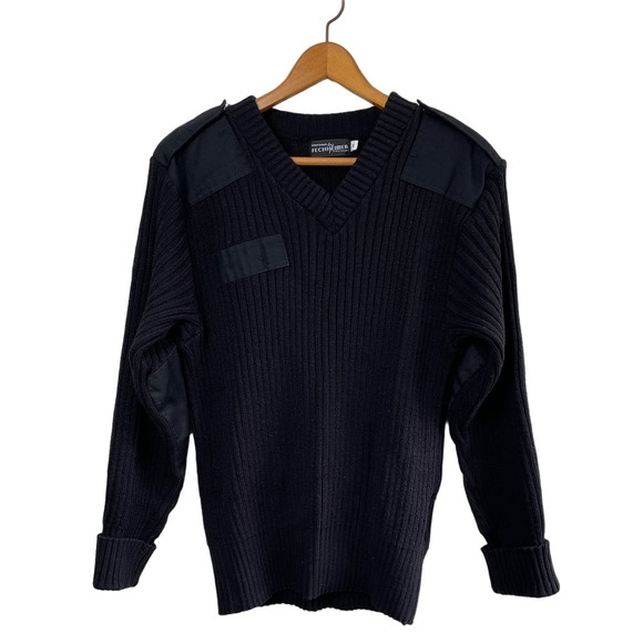 Fechheimer Sweater Mens Sz M Black Wool Blend Military Elbow Patches Ribbed Vtg - Picture 1 of 13